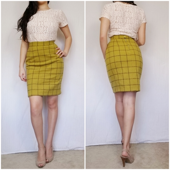 Vintage Dresses & Skirts - Vintage Checked Olive High Waisted Wool Skirt 5 6